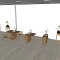Minimalist Dining Table Set With Wooden Chairs Side Tables And Vases In White Room