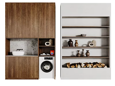 Wooden And White Decorative Cabinet With Open Shelves Ceramic Vases Firewood And Washing Machine 3d model