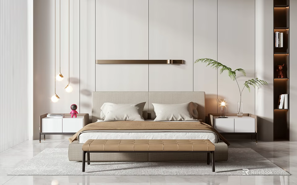 Modern Bedroom Interior Design With Double Bed Minimalist Wall Background Nightstands And Table Lamps 3d model 