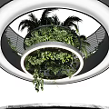 Modern Round Bar Counter Design With Hanging Green Plants And Wooden Stools