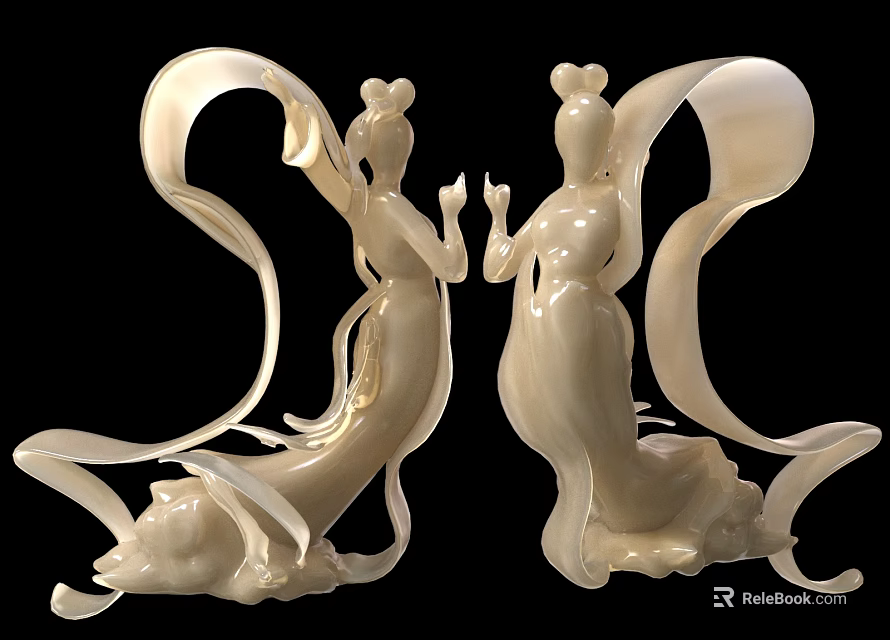 Decorative Ornament Set With Two White Fairy Like Figurines And Flowing Ribbons 3d model 