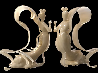 Decorative Ornament Set With Two White Fairy Like Figurines And Flowing Ribbons 3d model
