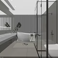 Modern Bathroom Interior With Freestanding Bathtub Double Vanity And Glass Shower