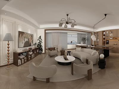 Cozy Modern Open Living And Dining Room With Natural Wood Details And Soft Sofas 3d model