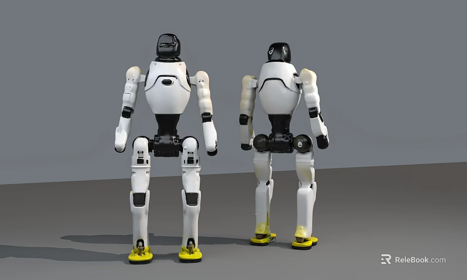 Two Smart Machines Front and Back Views With White Body Black Joints Yellow Feet 3d model 
