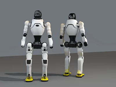 Two Smart Machines Front and Back Views With White Body Black Joints Yellow Feet 3d model