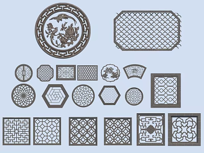 Traditional Carved Lattice Windows With Various Shapes And Intricate Patterns 3d model