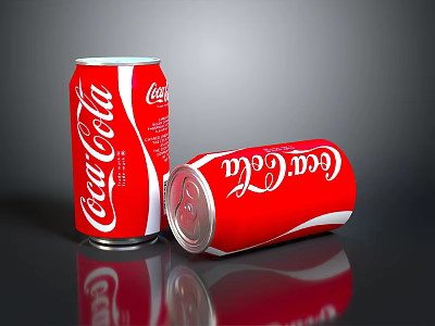 Two Red Coca-Cola Cans One Standing and One Lying on Reflective Surface 3d model