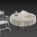 Vintage Rocking Chair With Round Table Lace Tablecloth Clay Jug Oil Lamp And Fruit Plate
