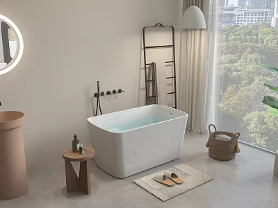 Modern Bathroom Interior With White Freestanding Bathtub Round Mirror And Green Window View 3d model
