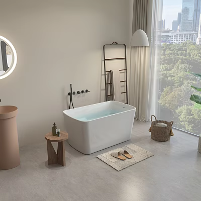 Modern Bathroom Interior With White Freestanding Bathtub Round Mirror And Green Window View 3d model