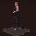 Red Haired Woman In Black High Slit Dress On Wooden Planks With Golden Particles Falling