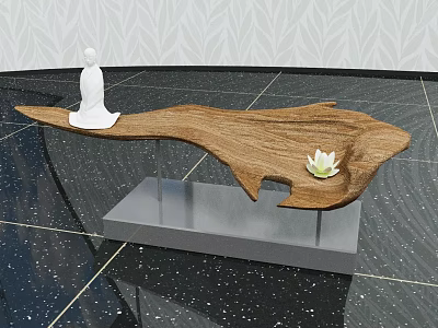 Wooden Coffee Table With Natural Irregular Shape White Statue And Lotus Flower Metal Stand 3d model