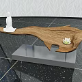 Wooden Coffee Table With Natural Irregular Shape White Statue And Lotus Flower Metal Stand