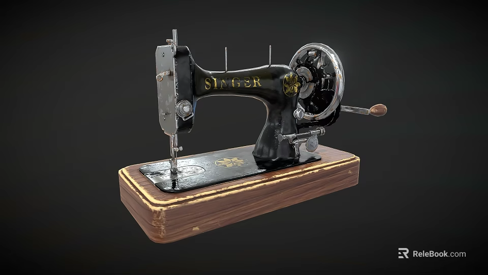 Antique Singer Sewing Machine with Old Wooden Base and Classic Design 3d model 