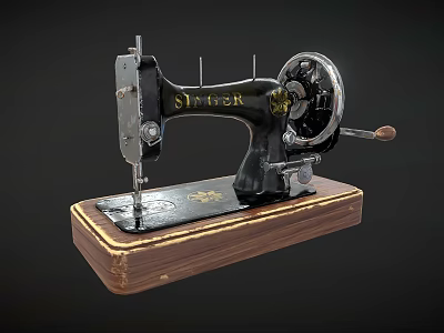 Antique Singer Sewing Machine with Old Wooden Base and Classic Design 3d model
