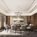 Luxurious Private Dining Room With Round Table White Chairs Chandelier Artwork And Wooden Grid Wall