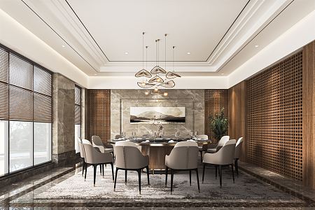 Light Luxury Room Catering Big Box Hotel Catering Room Restaurant Big Room Art Chandelier Round Table and Chair 3d model