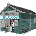 Cozy Dessert Bakeshop with Green Storefront Blue White Striped Awning Outdoor Seating and Bicycle