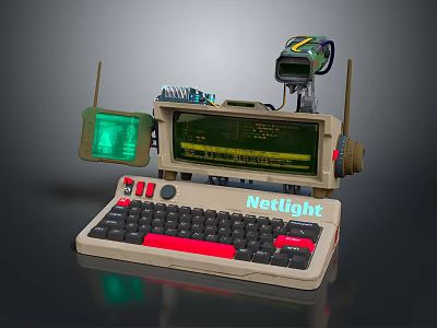 Retro Netlight Computer with Dual Screens Green Display and Red Keyboard Design 3d model
