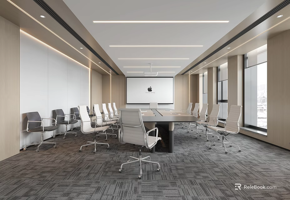 Modern Conference Room Interior With Long Table Ergonomic Chairs Projection Screen And Large Windows 3d model 