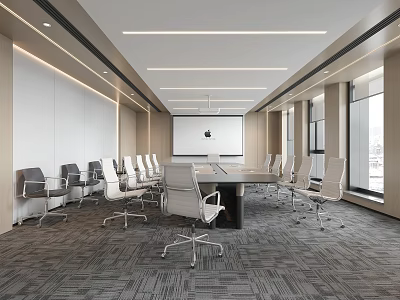 Modern Conference Room Interior With Long Table Ergonomic Chairs Projection Screen And Large Windows 3d model