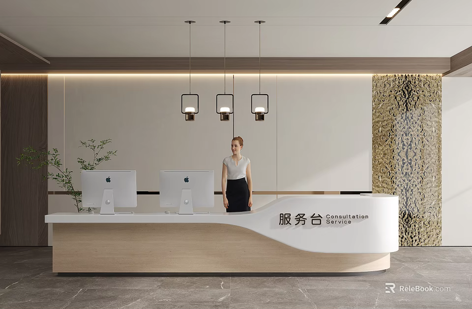 Modern Reception Desk With Computer Monitors Woman Standing Against Textured Wall And Pendant Lights 3d model 
