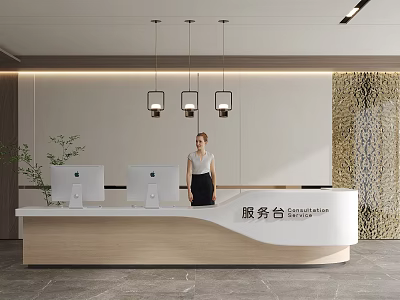 Modern Reception Desk With Computer Monitors Woman Standing Against Textured Wall And Pendant Lights 3d model