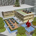 Modern Commercial Street Featuring Retail Shops Pedestrians Benches Fountains and Greenery