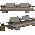 Rustic Wooden Frame Multi Person Sofa With Gray Cushions And Side Table 3d model