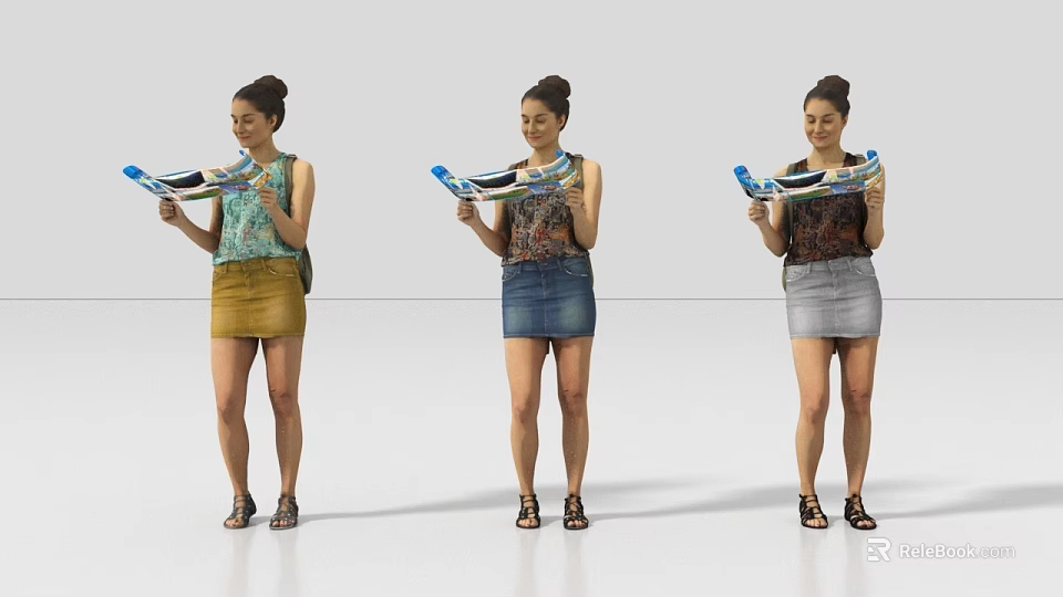 Three women holding blue and white items wearing different skirts sandals and bun hairstyle 3d model 