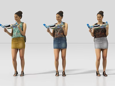 Three women holding blue and white items wearing different skirts sandals and bun hairstyle 3d model