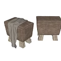 Brown Leather Stools with Wooden Legs and Gray Blanket for Home Decor