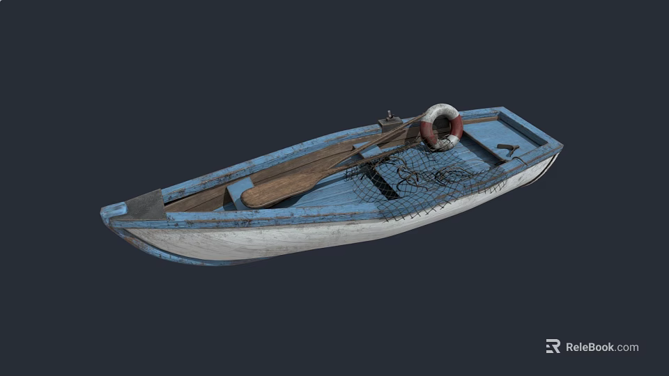 Vintage Wooden Boat With Blue White Hull Lifebuoy Fishing Net And Oars 3d model 