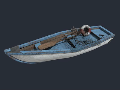 Vintage Wooden Boat With Blue White Hull Lifebuoy Fishing Net And Oars 3d model