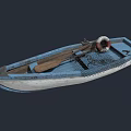 Vintage Wooden Boat With Blue White Hull Lifebuoy Fishing Net And Oars