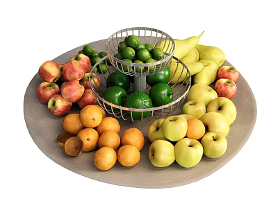 Assorted Fresh Fruits Red Yellow Apples Pears Limes Oranges On Round Tray With Metal Basket 3d model