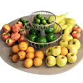 Assorted Fresh Fruits Red Yellow Apples Pears Limes Oranges On Round Tray With Metal Basket