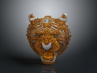 Home Decorative Tiger Head Figurine With Golden Silver Intricate Textured Design For Living Room 3d model