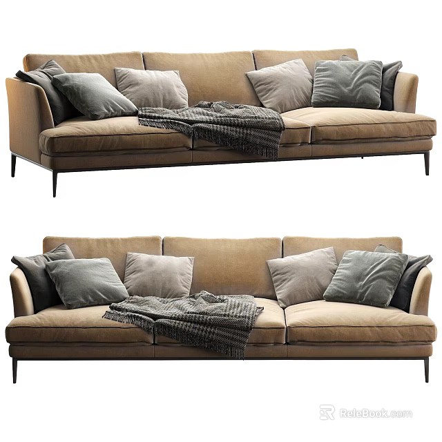 Modern Beige Three Seater Sofa With Plush Pillows And Soft Blanket 3d model