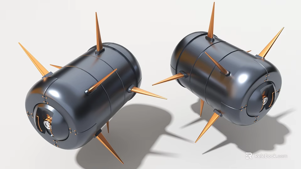 Two Black Cylindrical Industrial Equipment Units With Gold Spikes And Metallic Surface 3d model 