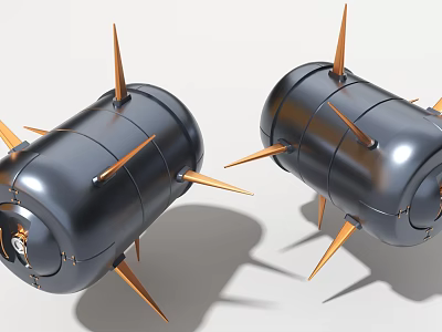 Two Black Cylindrical Industrial Equipment Units With Gold Spikes And Metallic Surface 3d model