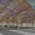 Wooden Arched Sunshade Canopy With Transparent Roof And Supporting Columns
