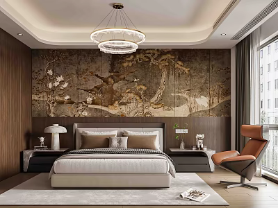 Elegant Modern Bedroom Interior With Wall Mural Chandelier Bedside Tables And Accent Chair 3d model