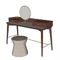Modern Dark Wooden Dressing Table With Round Gold Frame Mirror Drawers And Beige Upholstered Stool