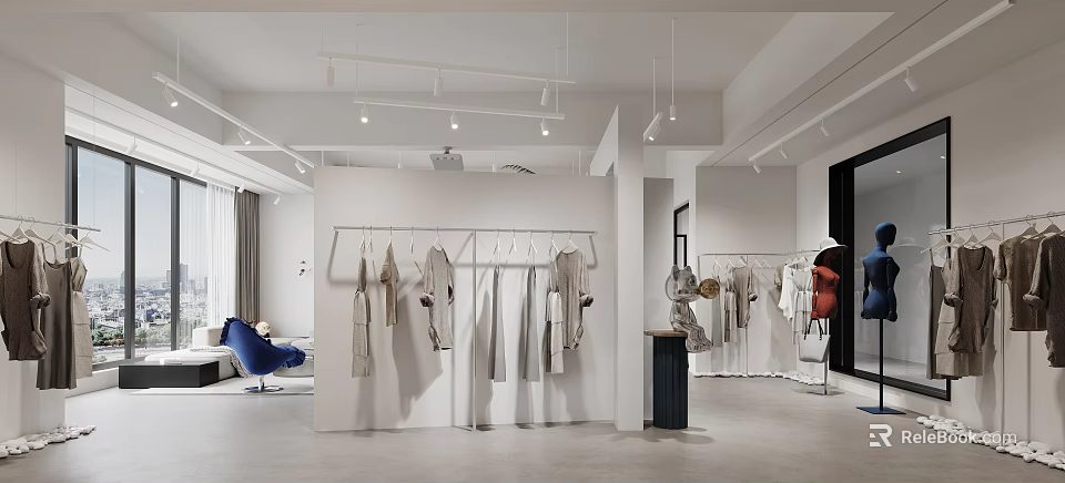 Modern Clothing Store Interior With Hanging Apparel And Minimalist Display Racks 3d model 