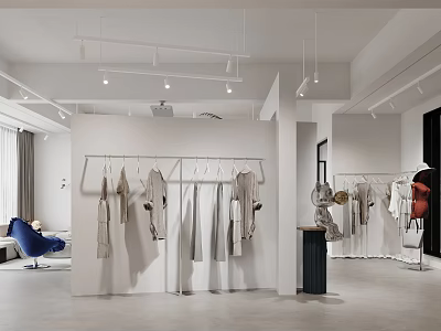 Modern Clothing Store Interior With Hanging Apparel And Minimalist Display Racks 3d model