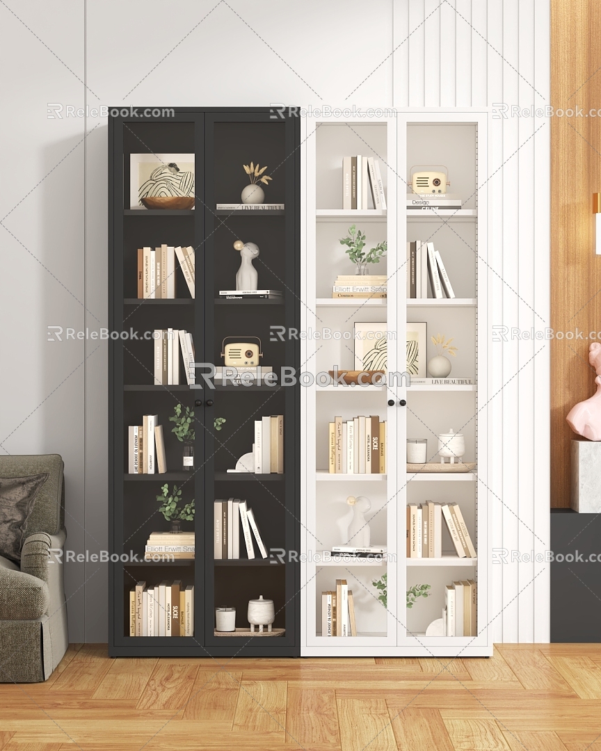 Nordic Style Wrought Iron Bookcase Glass Door Rack Storage Cabinet Modern Simple Floor Bookcase Living Room Storage Small Cabinet 3d model