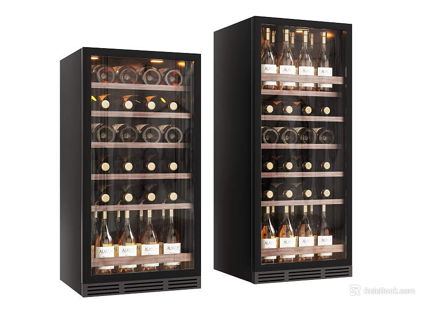 Modern Black Glass Door Wine Coolers With Interior Lighting And Multiple Wine Bottle Racks 3d model 