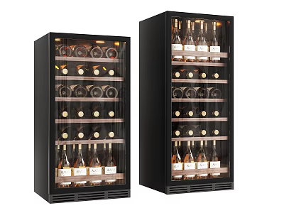 Modern Black Glass Door Wine Coolers With Interior Lighting And Multiple Wine Bottle Racks 3d model